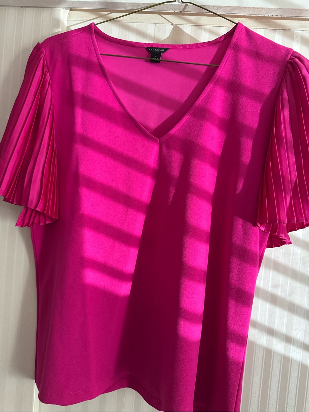Ann Taylor Hot Pink V-Neck Pleated Sleeve Blouse
